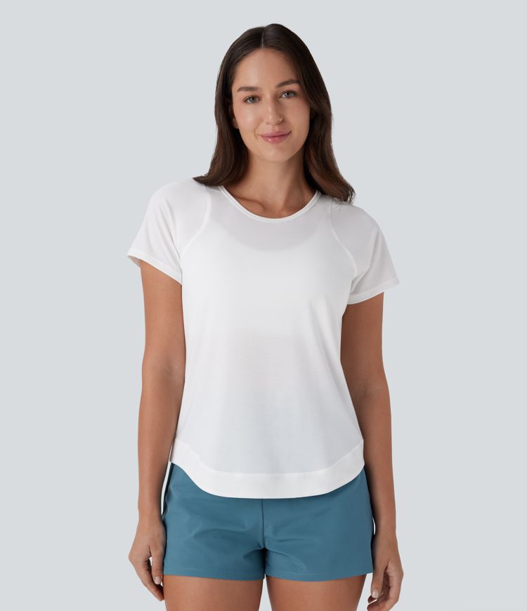 Haut de sport pour course à pied à col rond, manches courtes et ourlet arrondi à séchage rapide