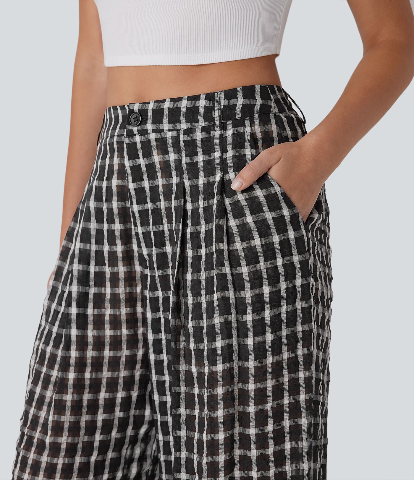 High Waisted Zipper Pocket Wide Leg Plaid Flowy Casual Pants