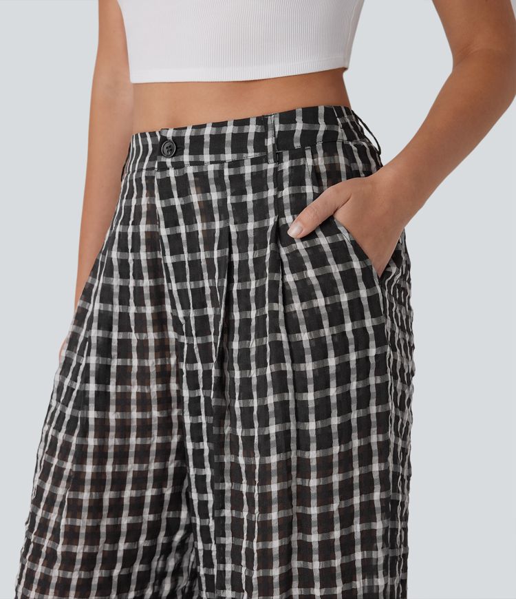 High Waisted Zipper Pocket Wide Leg Plaid Flowy Casual Pants