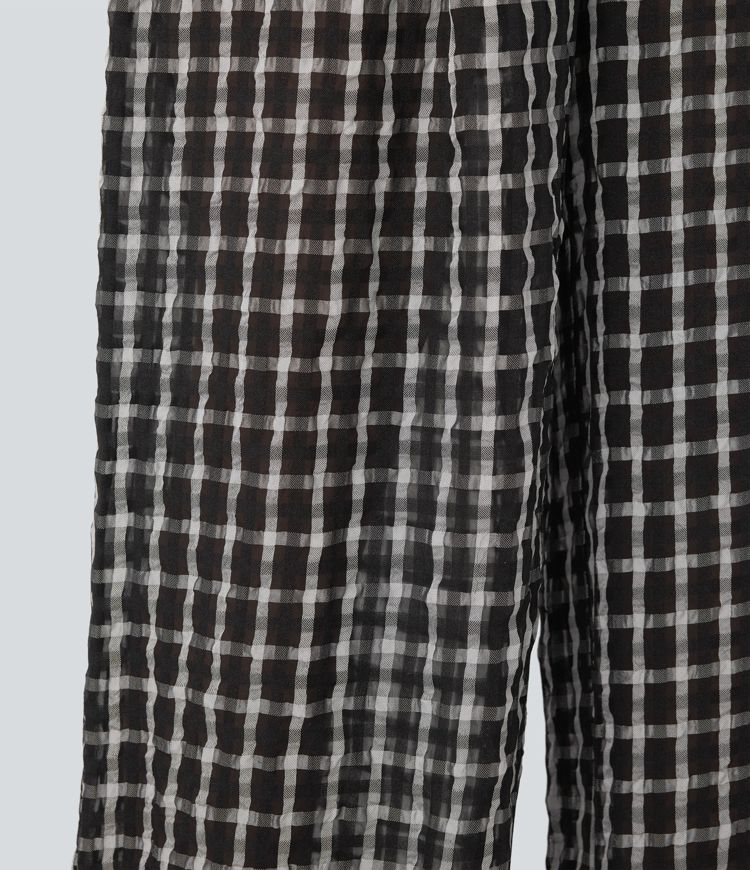 High Waisted Zipper Pocket Wide Leg Plaid Flowy Casual Pants