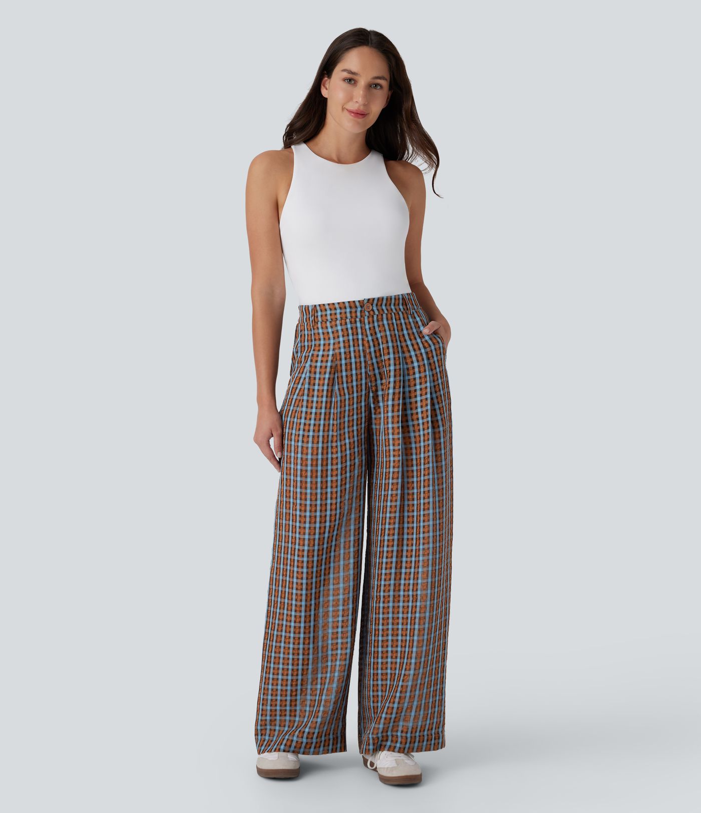 High Waisted Zipper Pocket Wide Leg Plaid Flowy Casual Pants