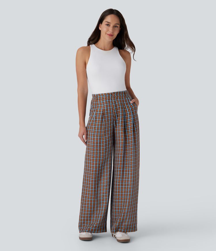 High Waisted Zipper Pocket Wide Leg Plaid Flowy Casual Pants
