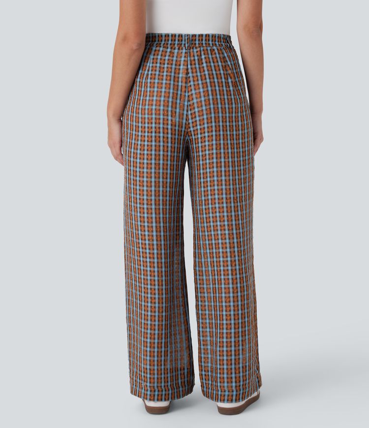 High Waisted Zipper Pocket Wide Leg Plaid Flowy Casual Pants