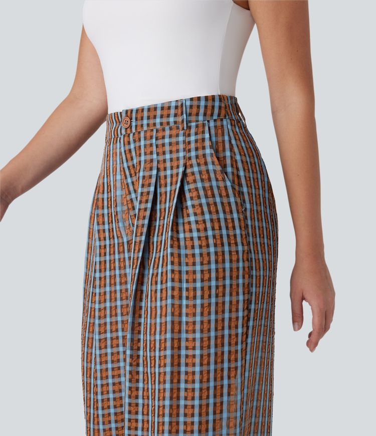 High Waisted Zipper Pocket Wide Leg Plaid Flowy Casual Pants