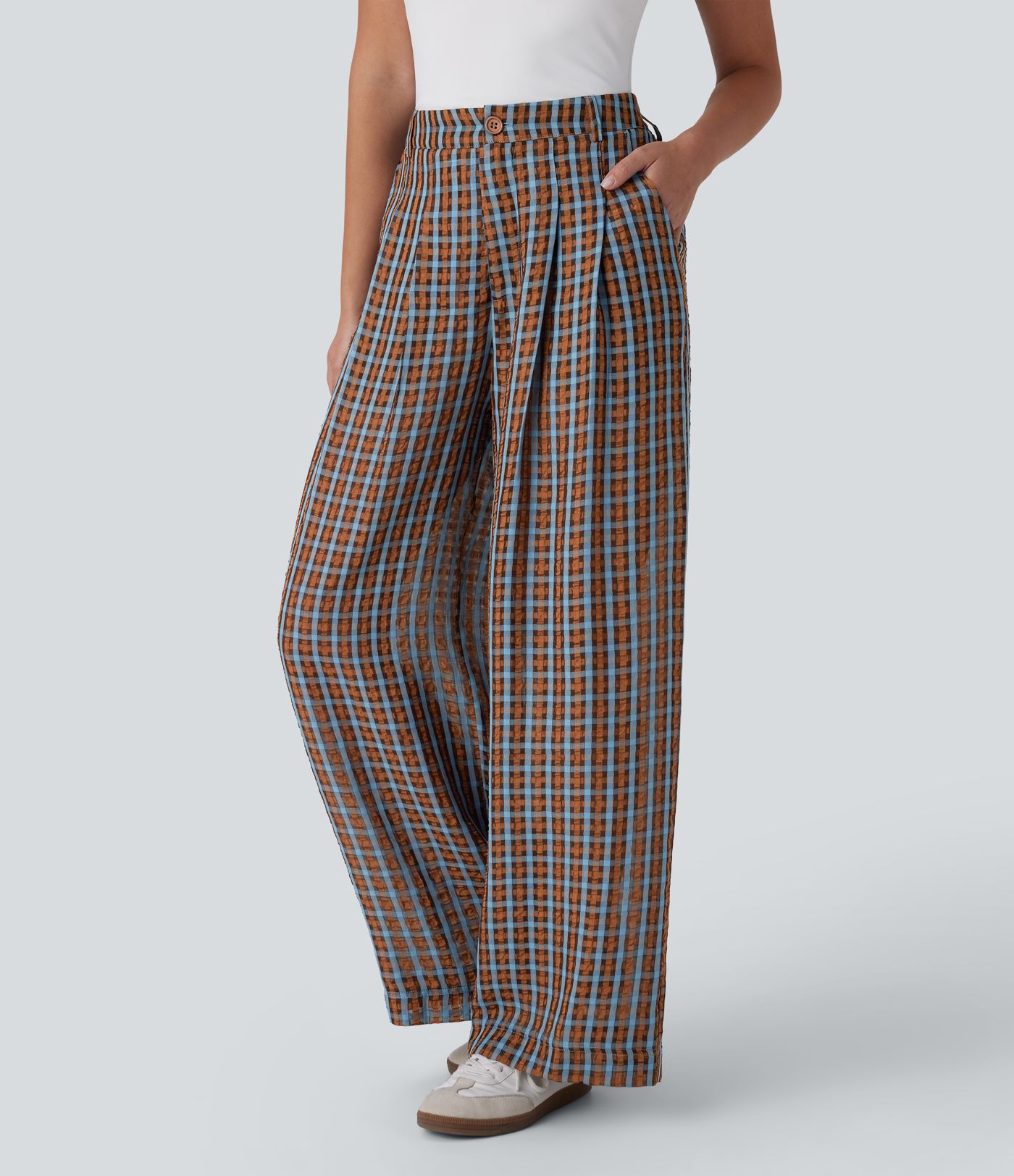 High Waisted Zipper Pocket Wide Leg Plaid Flowy Casual Pants