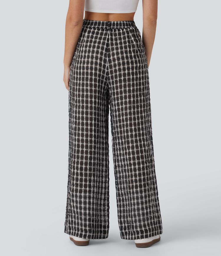 High Waisted Zipper Pocket Wide Leg Plaid Flowy Casual Pants