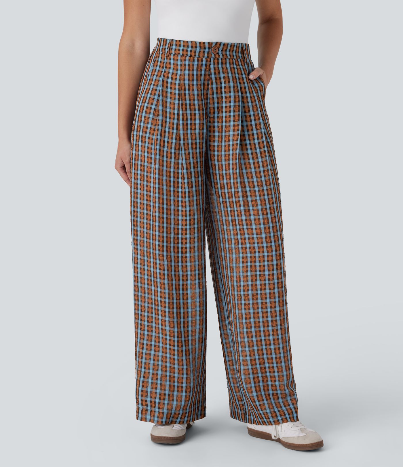 High Waisted Zipper Pocket Wide Leg Plaid Flowy Casual Pants