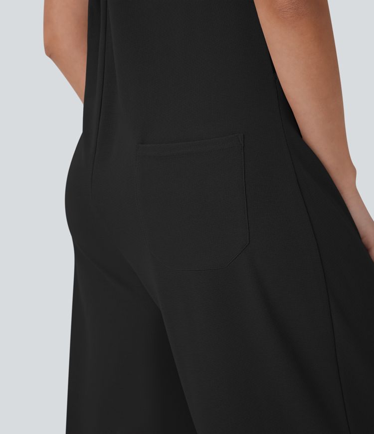 Pockets Capri Waffle Casual Overalls