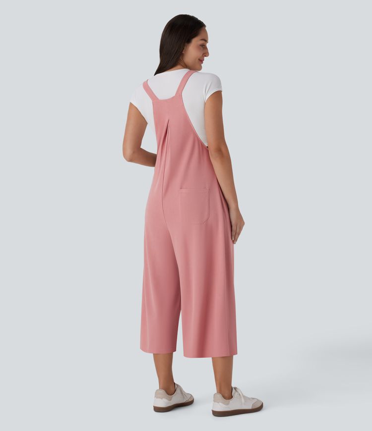 Adjustable Strap Button Multiple Pockets Capri Waffle Casual Overalls