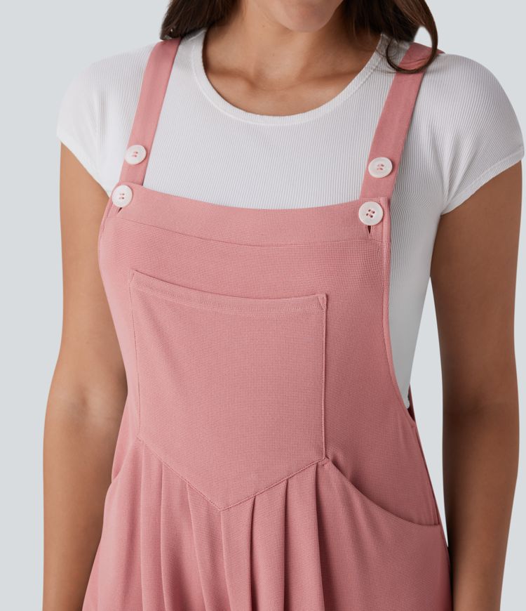 Adjustable Strap Button Multiple Pockets Capri Waffle Casual Overalls