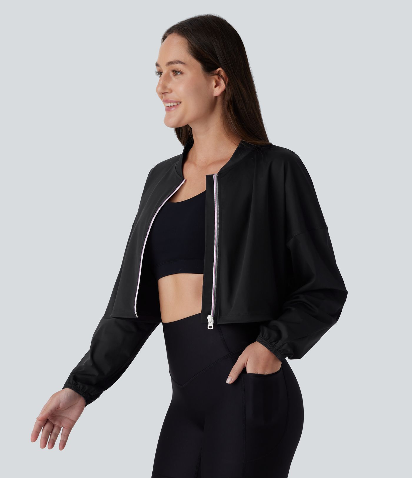 Chaqueta yoga corta secado rápido cremallera manga larga cordón ajustable tacto fresco