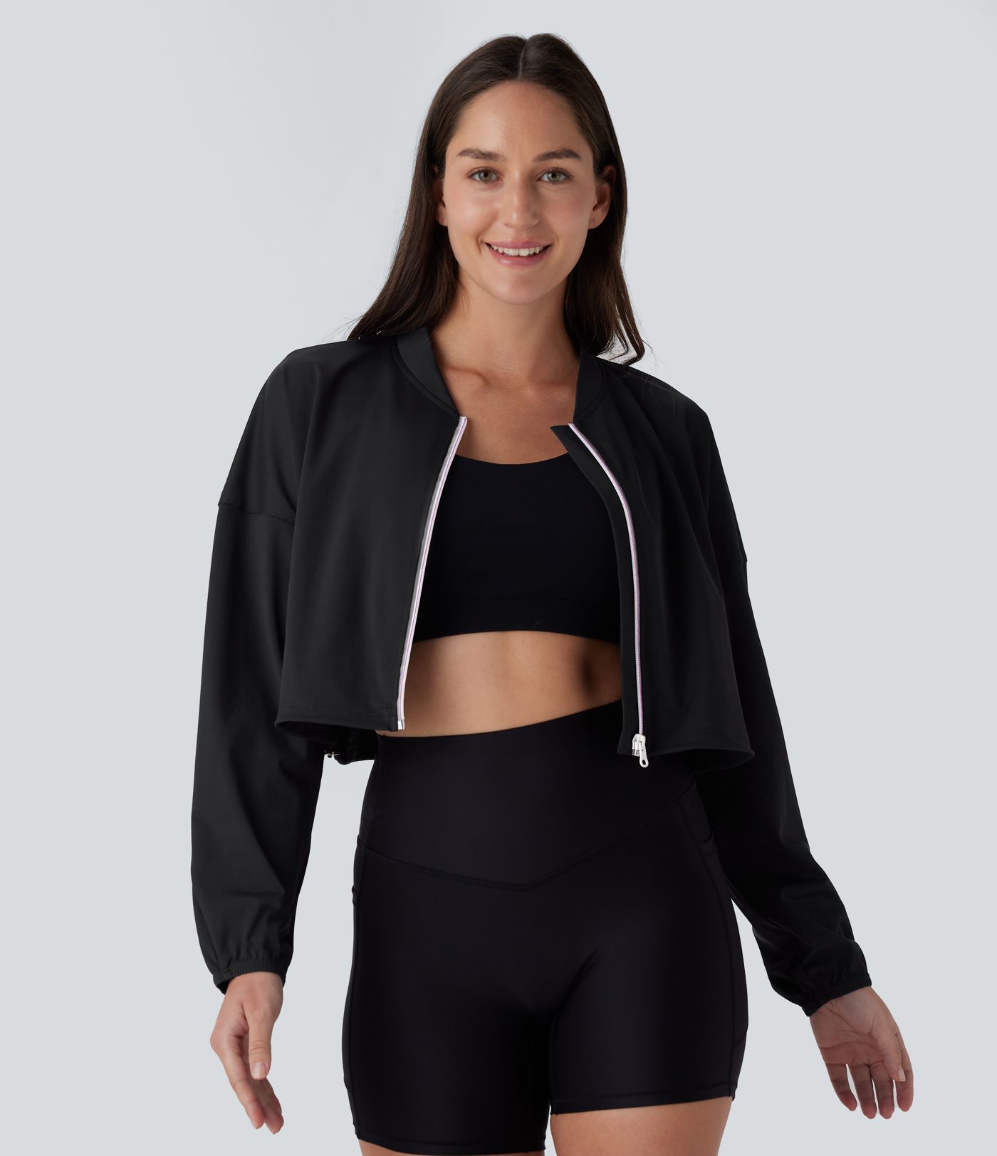 Chaqueta yoga corta secado rápido cremallera manga larga cordón ajustable tacto fresco