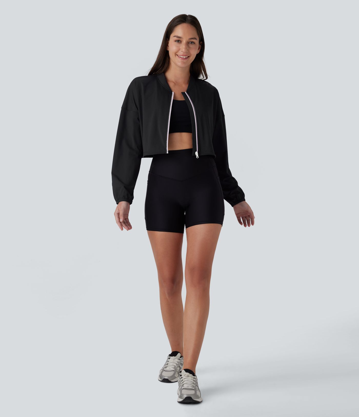 Chaqueta yoga corta secado rápido cremallera manga larga cordón ajustable tacto fresco