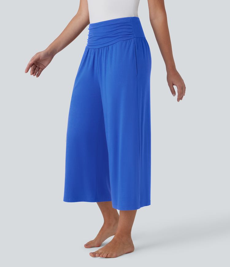 High Waisted Ruched Side Pocket Capri Wide Leg Yoga Trousers