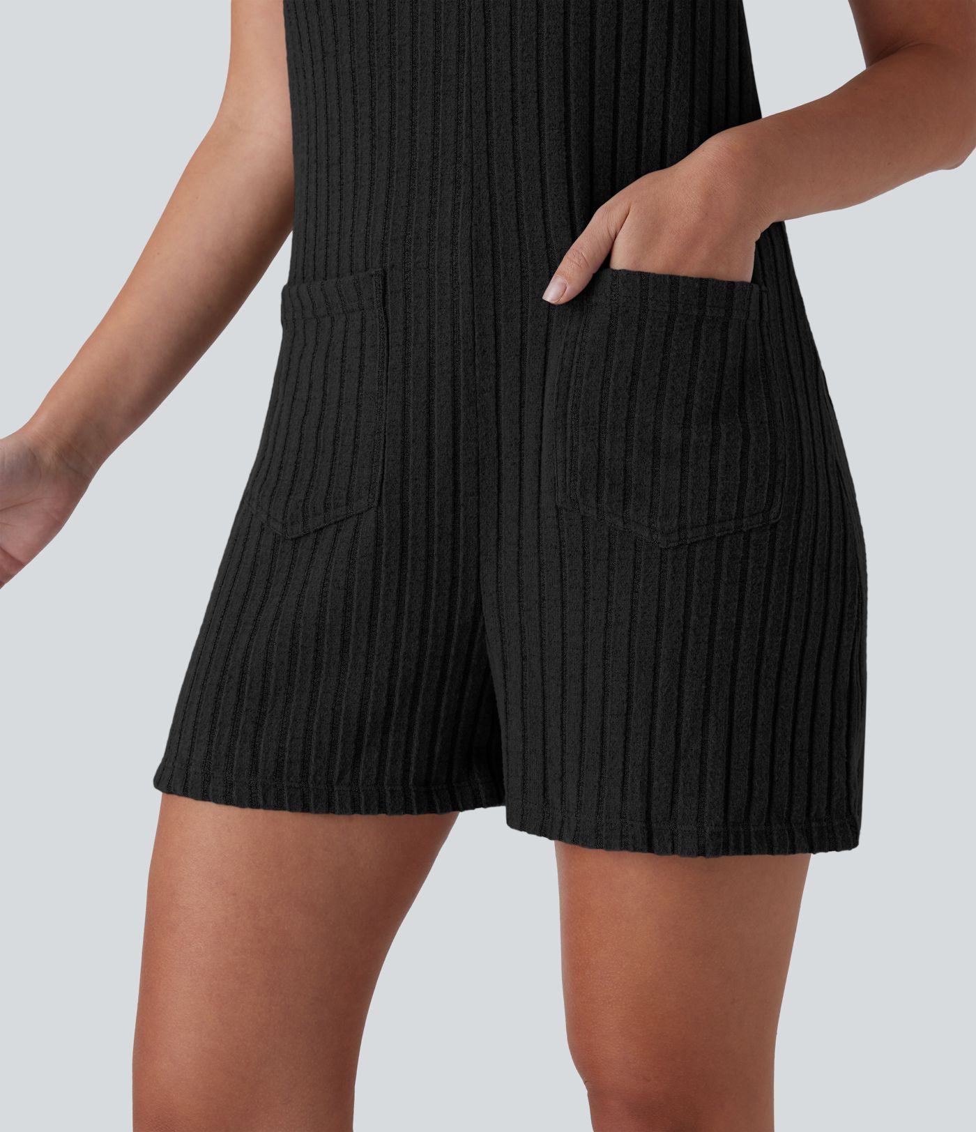 Ribbed Knit Pockets Casual Short Overalls