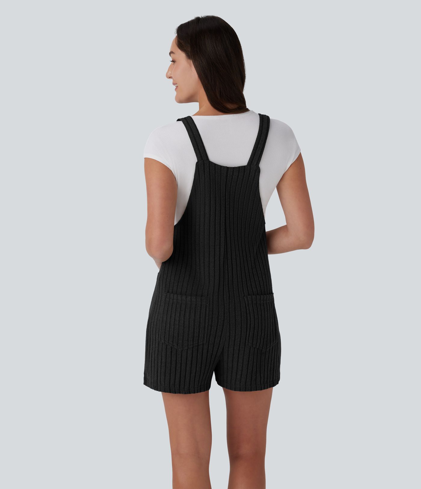Ribbed Knit Pockets Casual Short Overalls