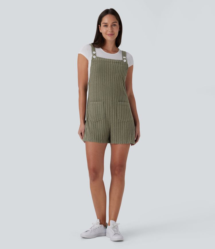 Salopette décontractée en maille côtelée avec bretelles ajustables, boutons et multiples poches