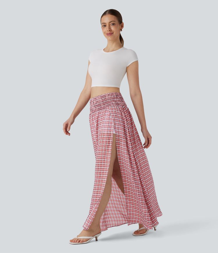 Geraffter, fließender 2-in-1 Maxirock mit hohem Bund, Karomuster und Schlitz
