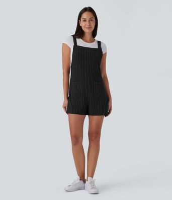 Ribbed Knit Pockets Casual Short Overalls