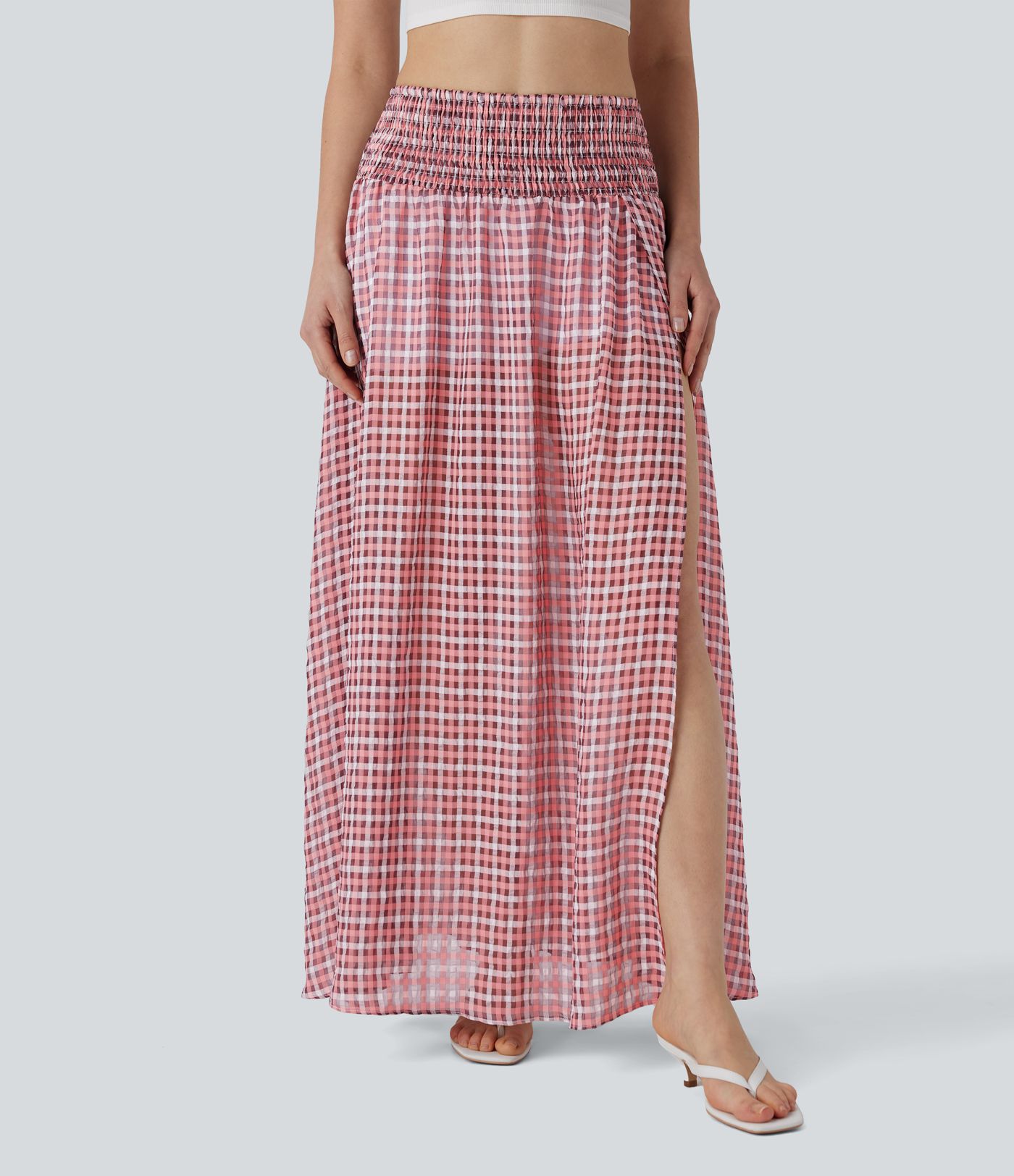 Geraffter, fließender 2-in-1 Maxirock mit hohem Bund, Karomuster und Schlitz