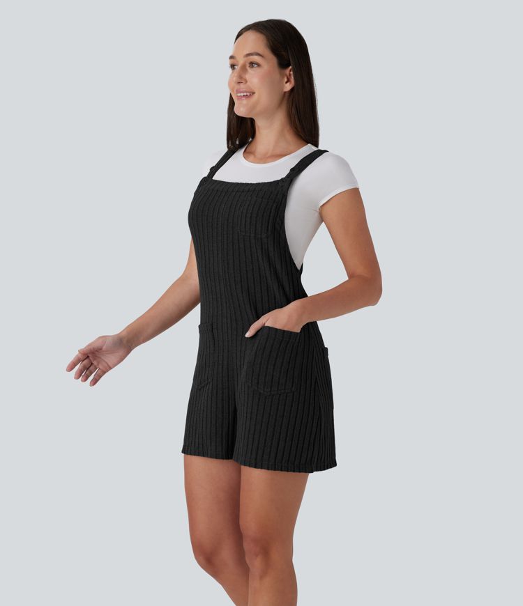 Ribbed Knit Pockets Casual Short Overalls