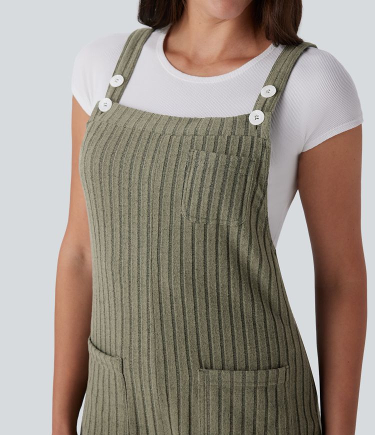 Salopette décontractée en maille côtelée avec bretelles ajustables, boutons et multiples poches