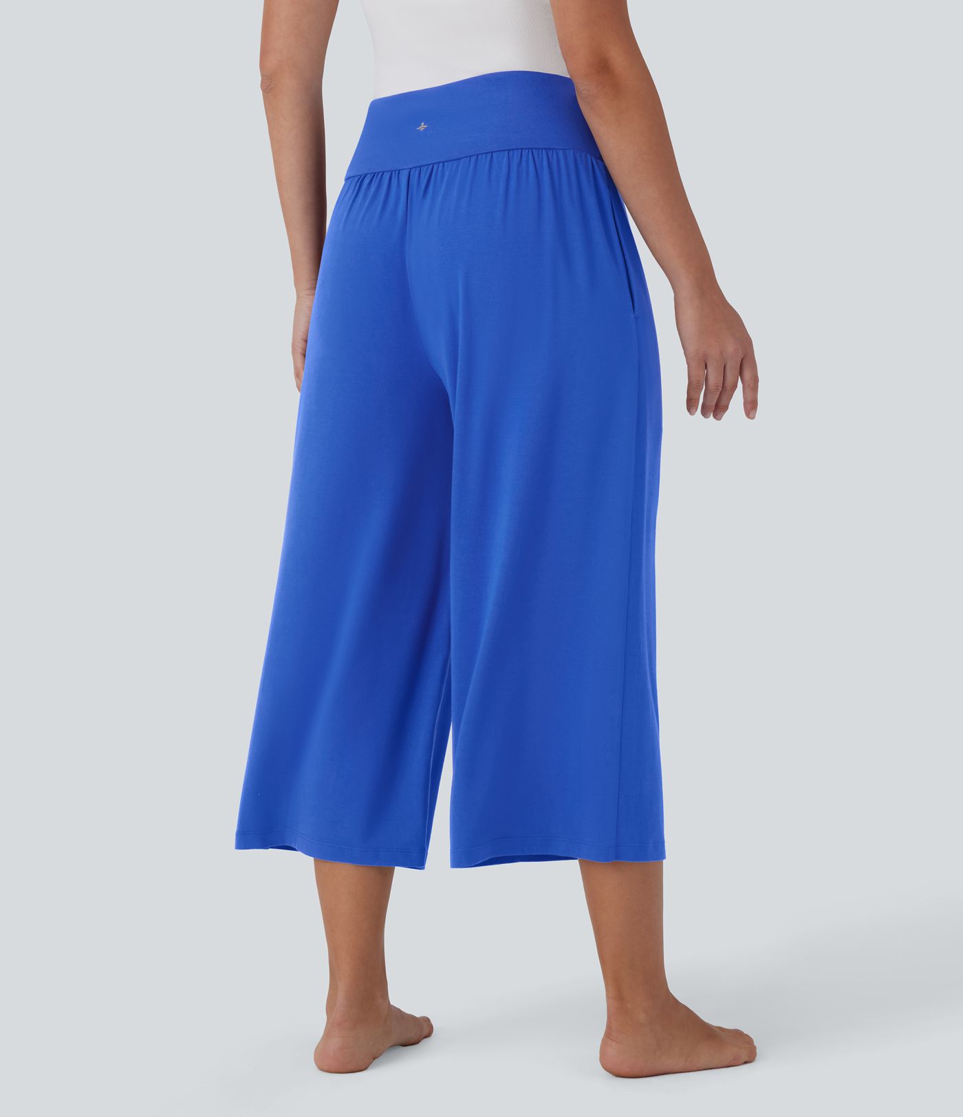 High Waisted Ruched Side Pocket Capri Wide Leg Yoga Trousers