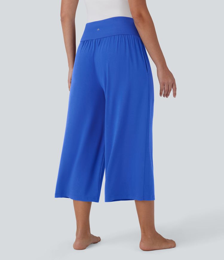 High Waisted Ruched Side Pocket Capri Wide Leg Yoga Trousers