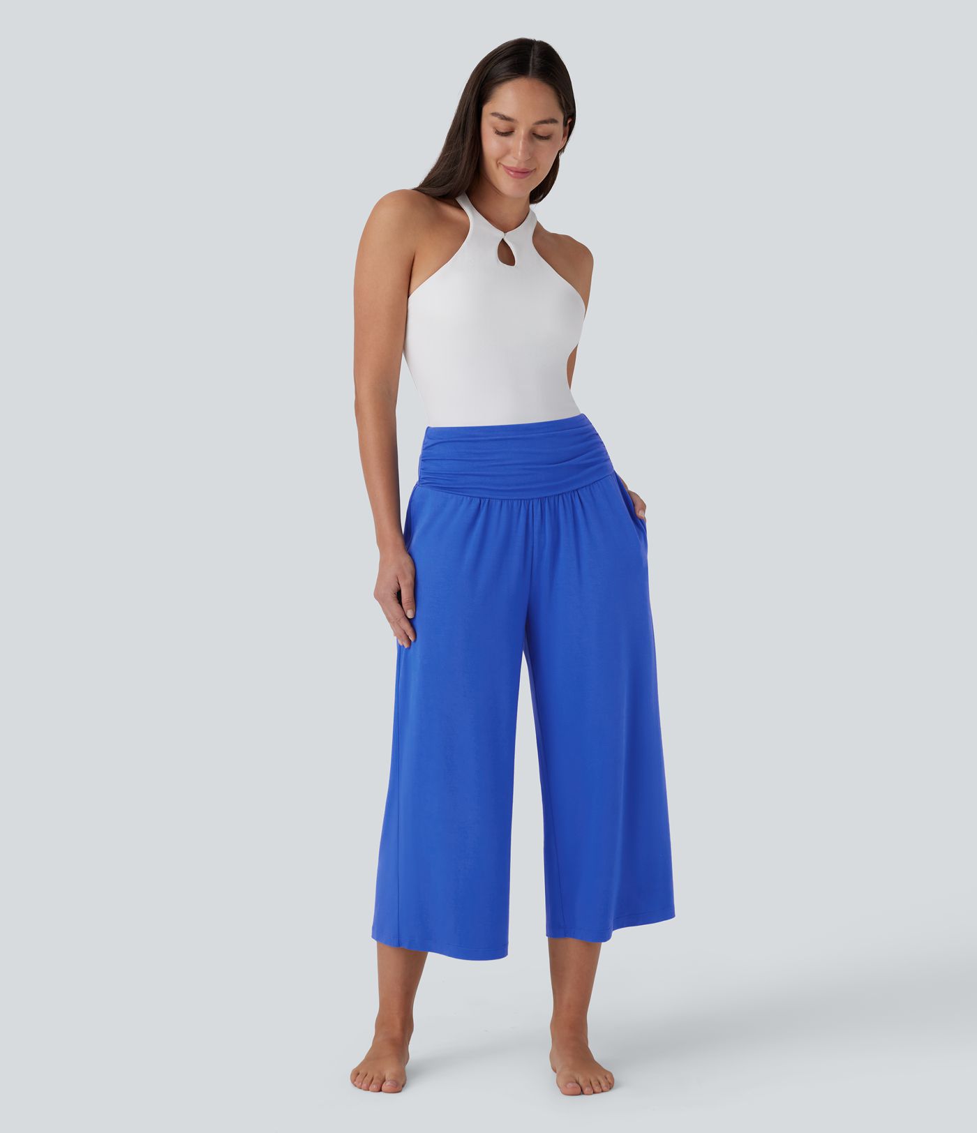 High Waisted Ruched Side Pocket Capri Wide Leg Yoga Trousers