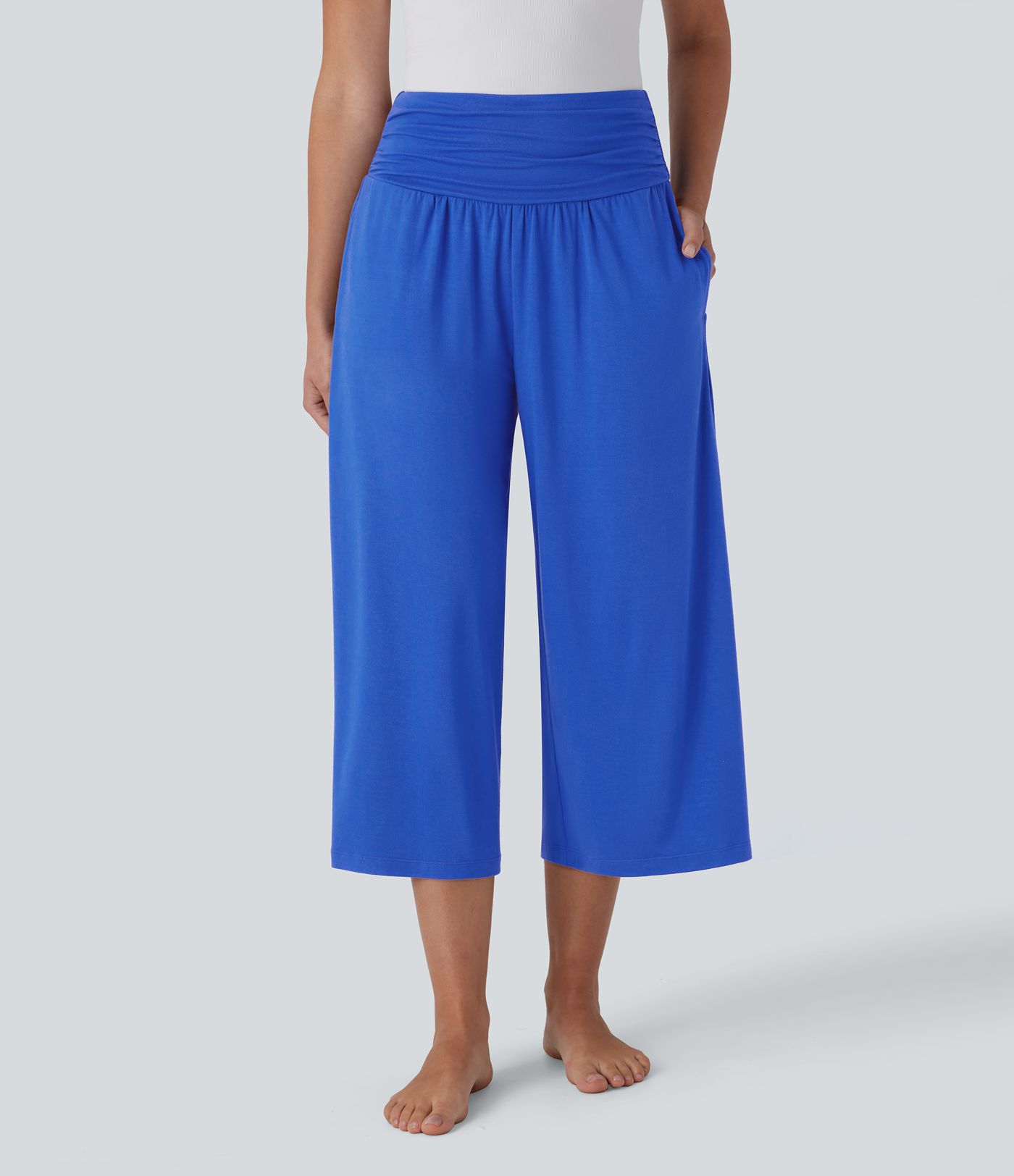 High Waisted Ruched Side Pocket Capri Wide Leg Yoga Trousers