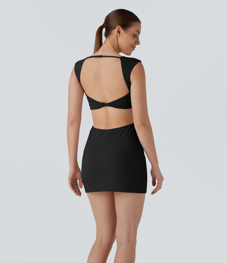 Softlyzero™ Airy Square Neck Sleeveless Backless Adjustable Strap Twisted 2-in-1 Side Pocket Bodycon Cool Touch Mini Casual Dress