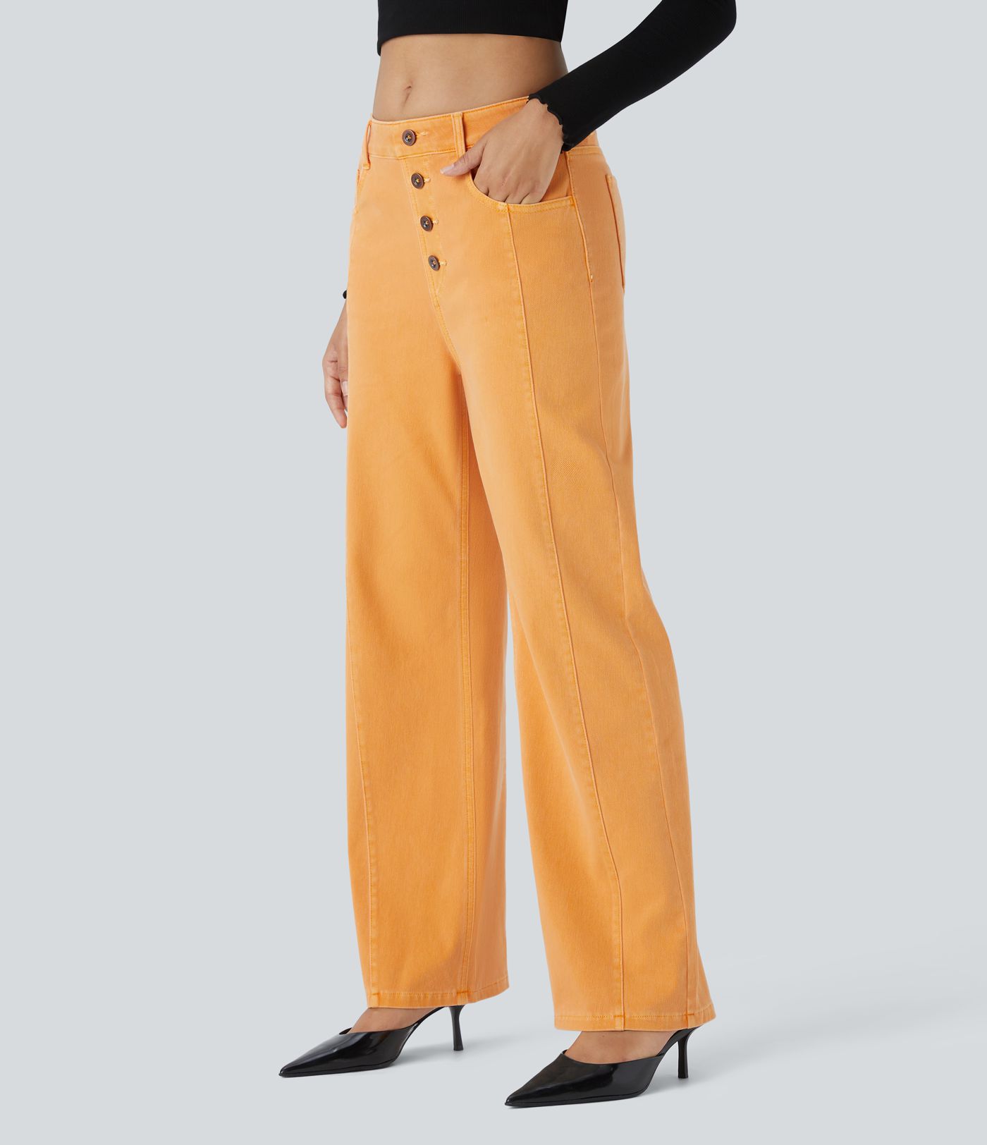 Halara Flex™ Jean Droit Casual Taille Haute avec Boutons Décoratifs et Multiples Poches Élastiques et Tricotés