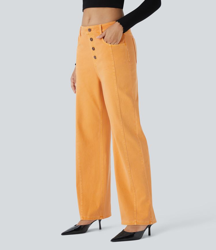 Halara Flex™ Jean Droit Casual Taille Haute avec Boutons Décoratifs et Multiples Poches Élastiques et Tricotés