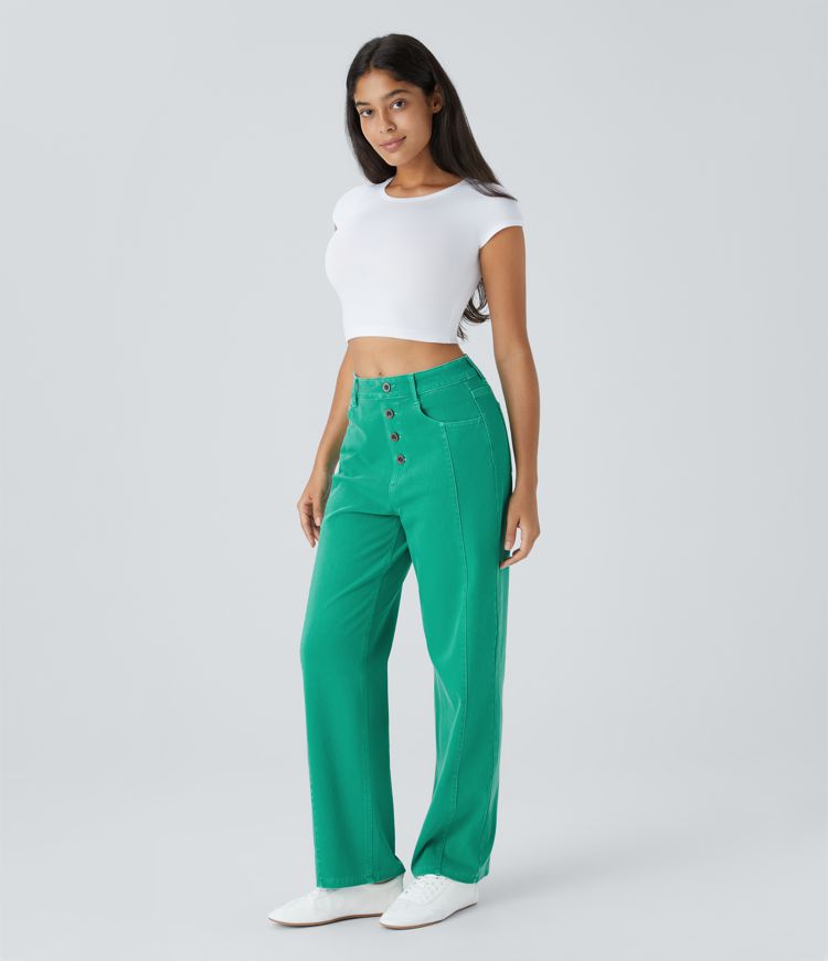 Jeans novio Halara Flex™ Denim tiro alto botón decorativo múltiple bolsillo pierna recta colorido elástico