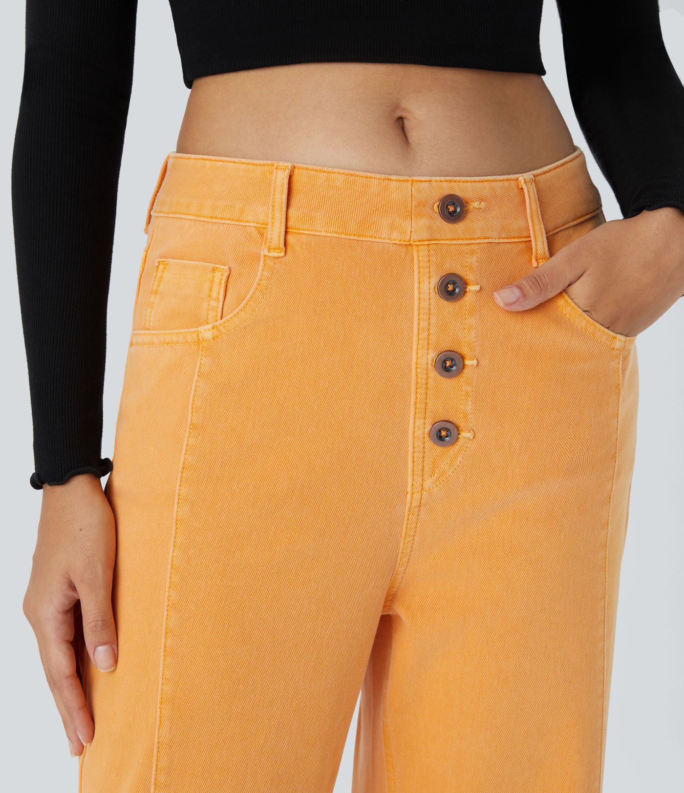 Halara Flex™ Jean Droit Casual Taille Haute avec Boutons Décoratifs et Multiples Poches Élastiques et Tricotés