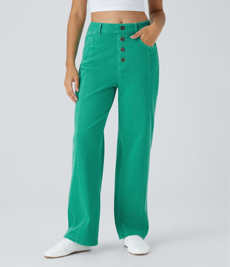 Jeans novio Halara Flex™ Denim tiro alto botón decorativo múltiple bolsillo pierna recta colorido elástico