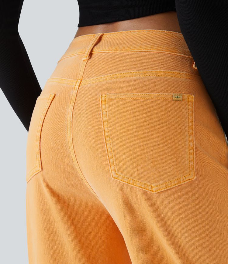 Halara Flex™ Jean Droit Casual Taille Haute avec Boutons Décoratifs et Multiples Poches Élastiques et Tricotés