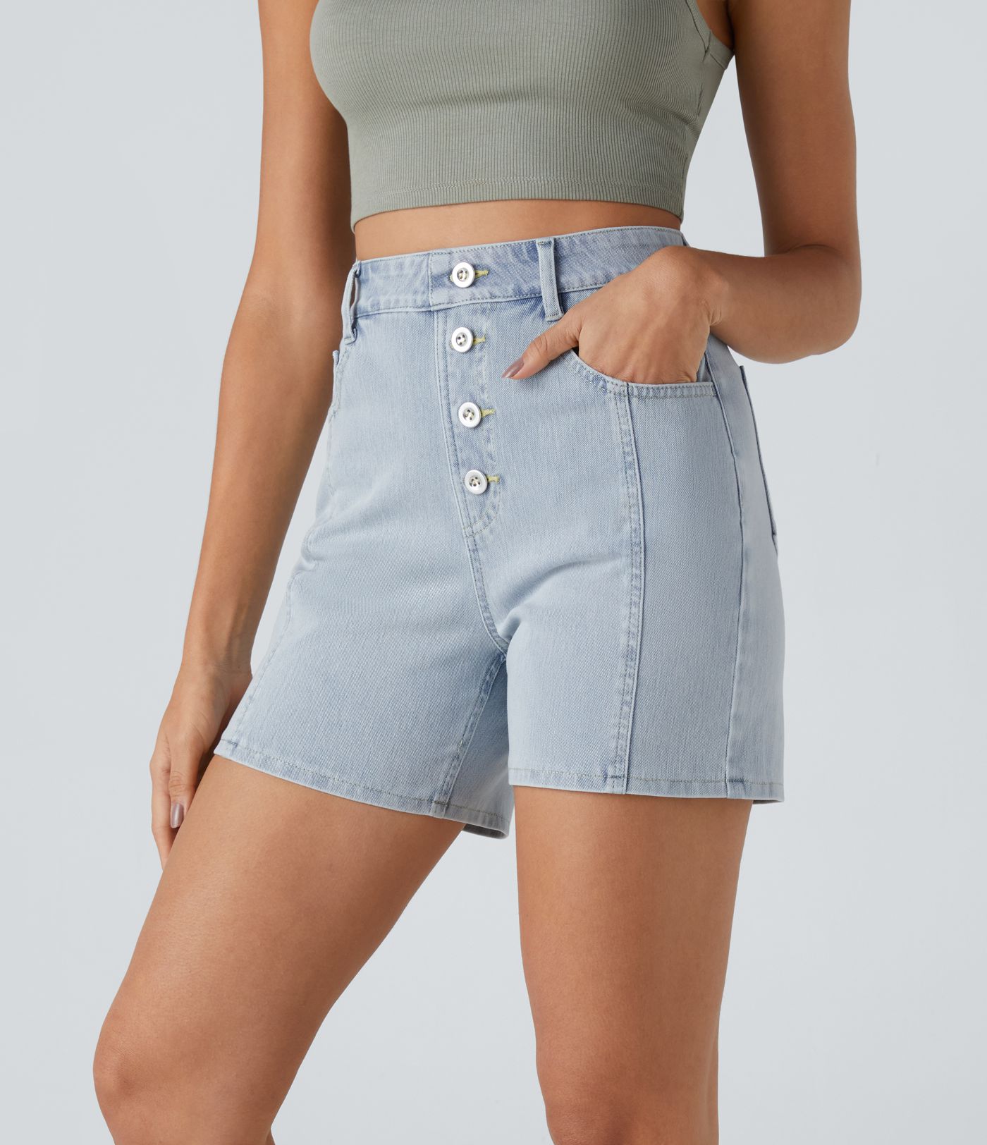 Halara Flex™ High Waisted Decorative Button Multiple Pockets Stretchy Knit Denim Casual Shorts