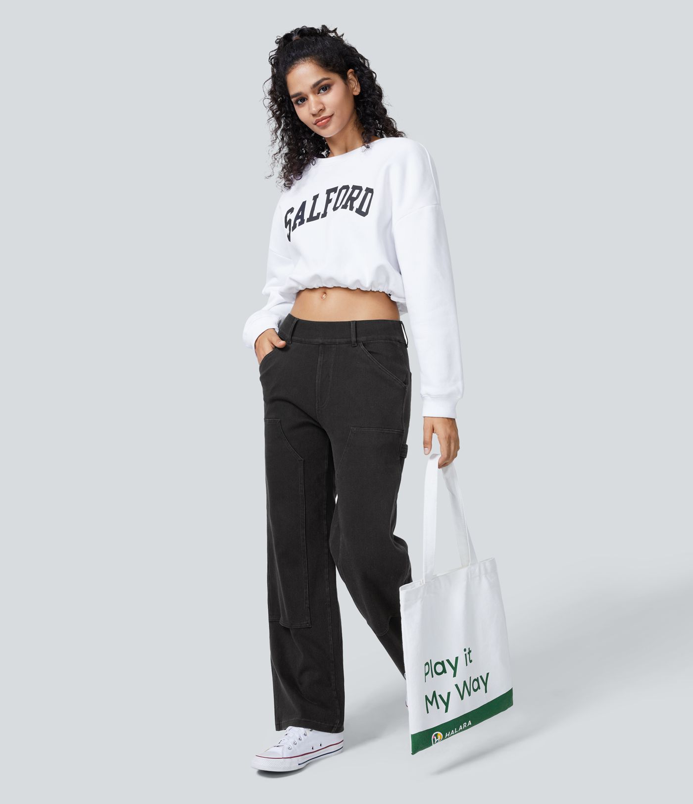 Halara Flex™ Mid-Waist Utility Pocket Stretch Knit Lumberjack Style Casual Boyfriend Straight Jeans