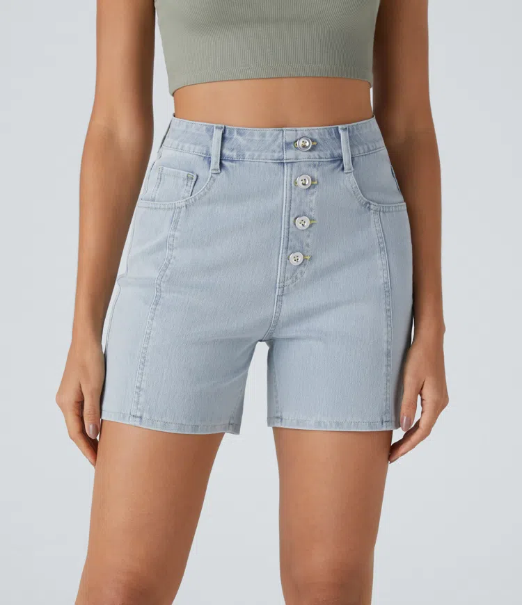 Halara Flex™ High-Waisted Decorative Button Multiple Pocket Stretchy Knit Denim Casual Shorts