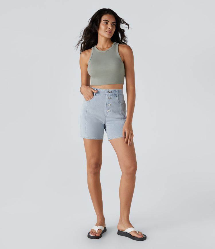 Halara Flex™ Shorts Casual en Denim Tricoté Extensible avec Taille Haute Boutons Décoratifs Multiples Poches