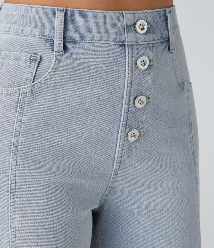 Halara Flex™ Shorts Casual en Denim Tricoté Extensible avec Taille Haute Boutons Décoratifs Multiples Poches