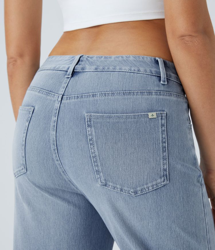 Halara Flex™ Mid-Rise Multi-Pocket Washed Stretch Knit Wide Leg Casual Jeans