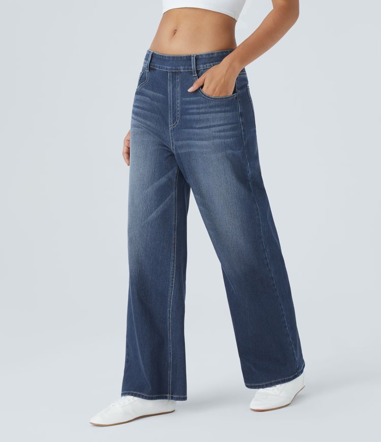 Halara Flex™ Mid Rise Pockets Washed Baggy Wide Leg Casual Jeans