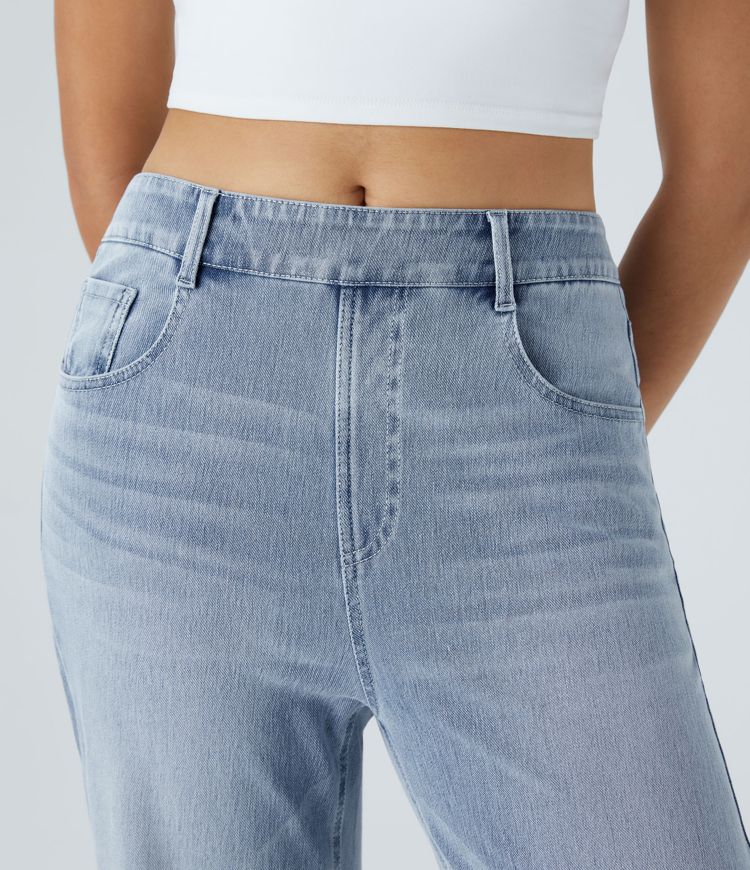 Halara Flex™ Mid-Rise Multi-Pocket Washed Stretch Knit Wide Leg Casual Jeans