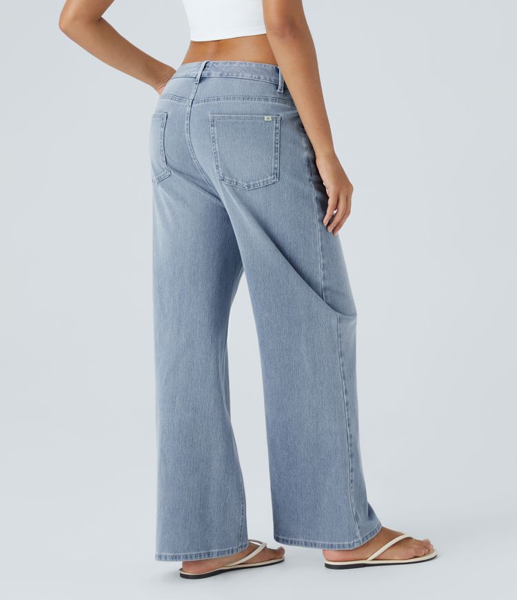 Halara Flex™ Mid-Rise Multi-Pocket Washed Stretch Knit Wide Leg Casual Jeans