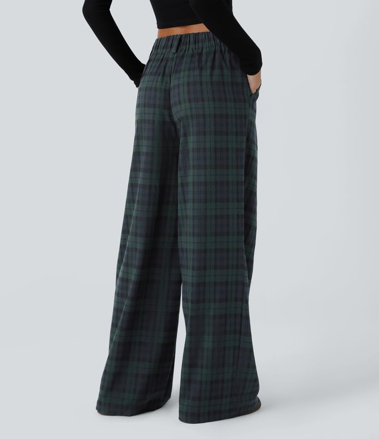 High Waisted Side Pocket Plaid Wide Leg Casual Pants
