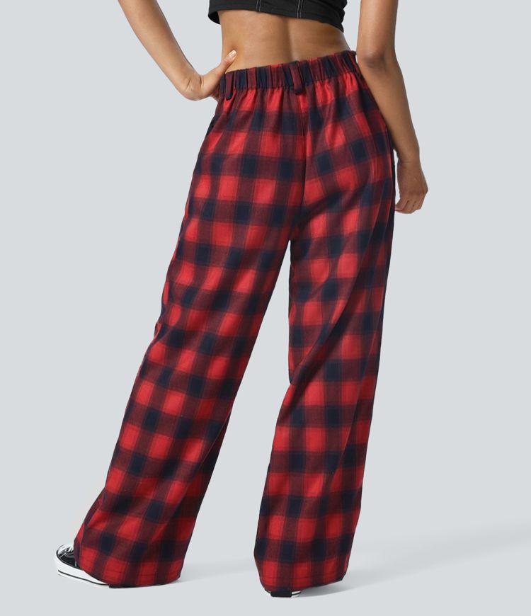 High Waisted Pocket Plaid Wide Leg Casual Pants