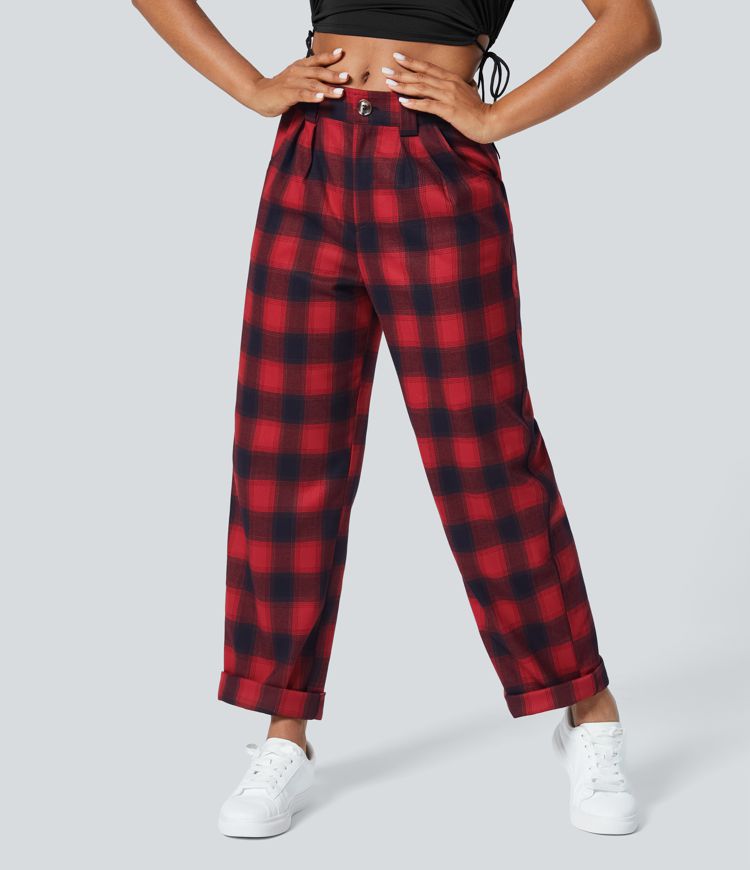 Mid Rise Button Zipper Side Pocket Plaid Straight Leg Casual Pants