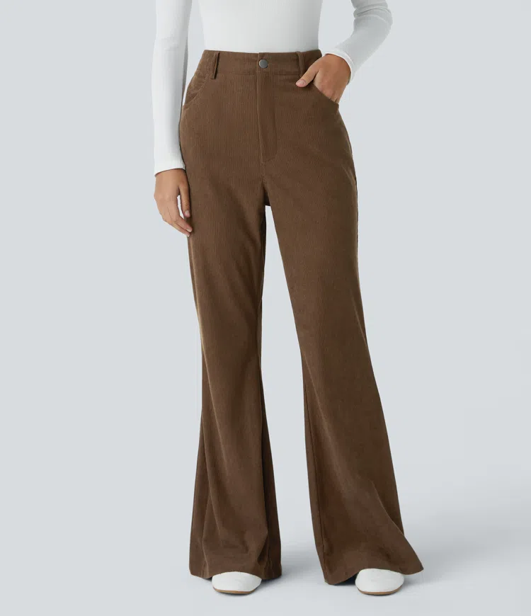 High waist multi-pocket corduroy casual flare pants